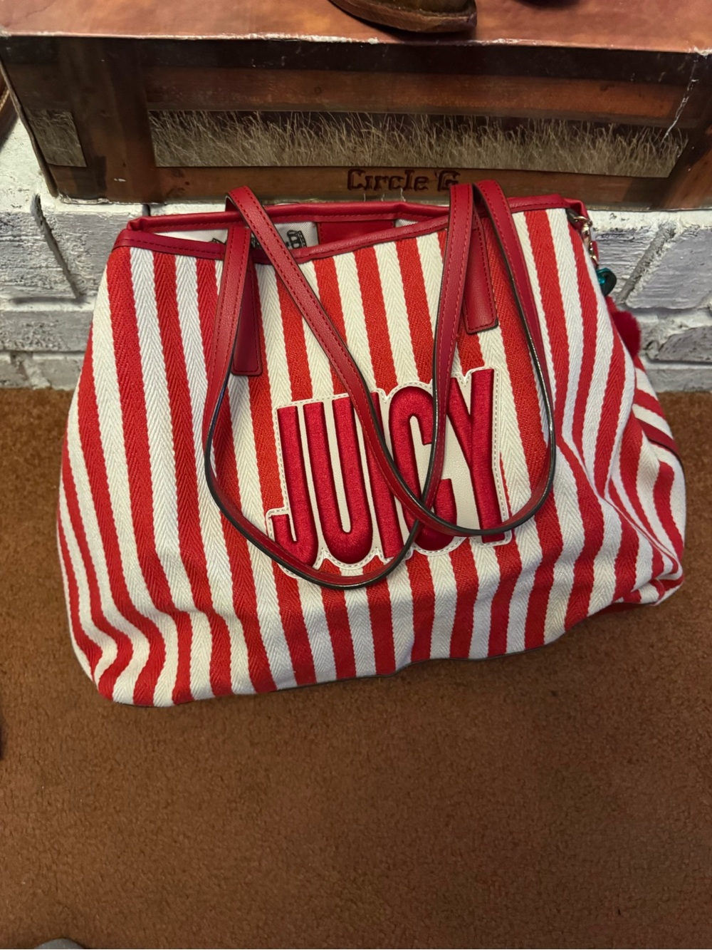 Juicy Couture Red & White Striped Canvas Tote with Logo Patch